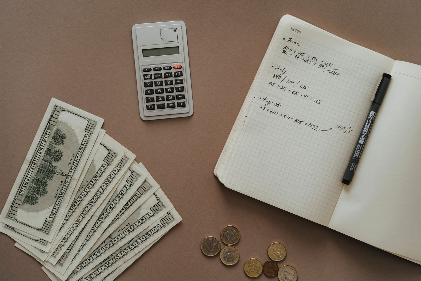 A calculator beside an open notebook filled with handwritten monthly budget totals, banknotes and loose coins arranged on a desk.
